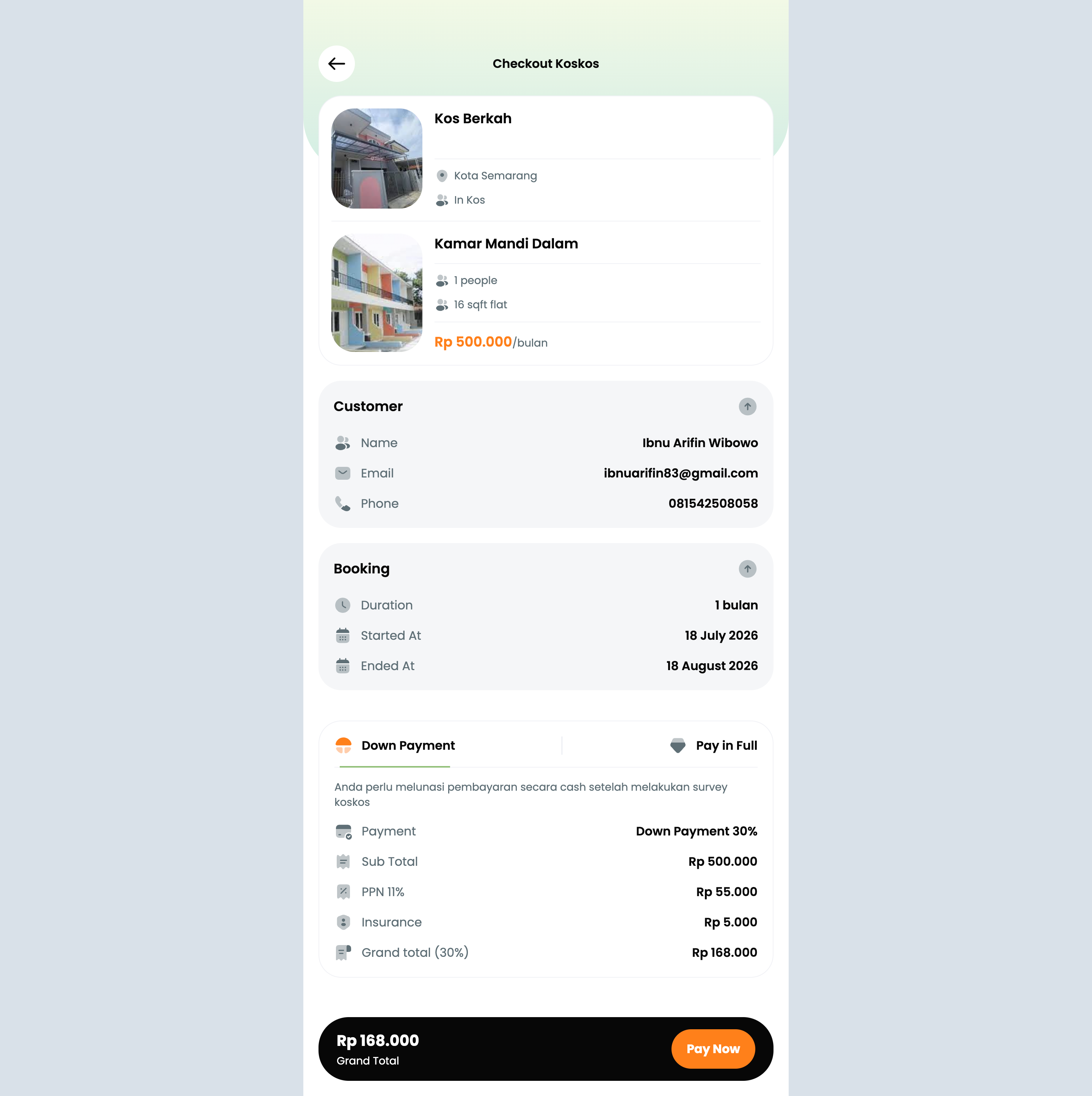 Screenshot Web Booking kos kosan 